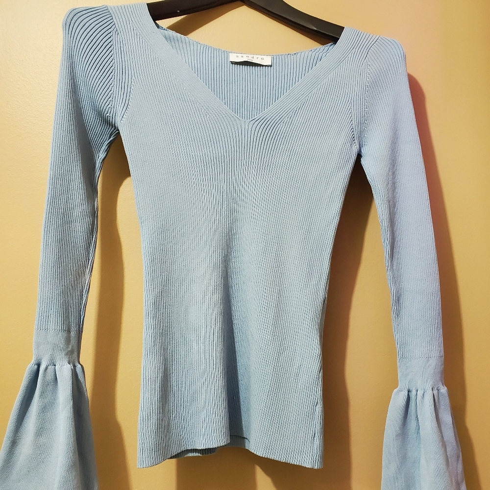 Sandro Light Blue Ribbed V‑Neck Bell Sleeve Top